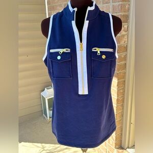 BOSTON PROPER sM navy top-goldtone zippers-wht piping-sleeveless-mandarin collar